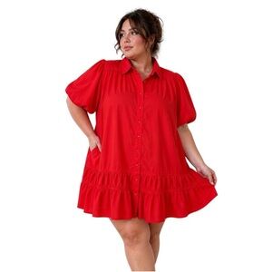 CQ BY CQ Red Puff Sleeve Ruffle Hem Babydoll Pocket Mini Dress XL/1XL